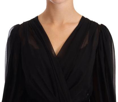 Dolce & Gabbana Black Silk Tulle Long Sleeve V-neck Dress