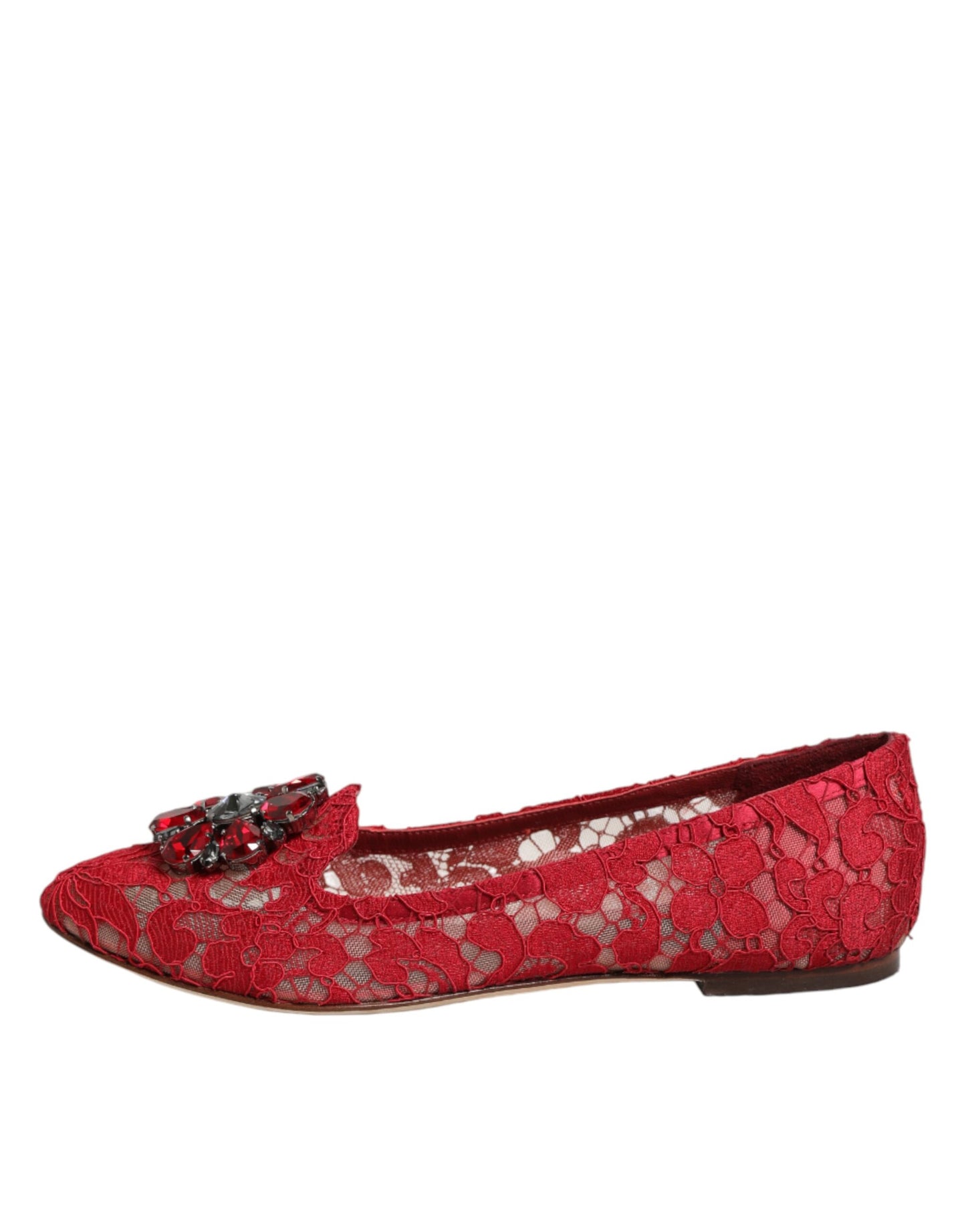 Dolce & Gabbana Red Lace Crystal Ballet Flats Loafers Shoes