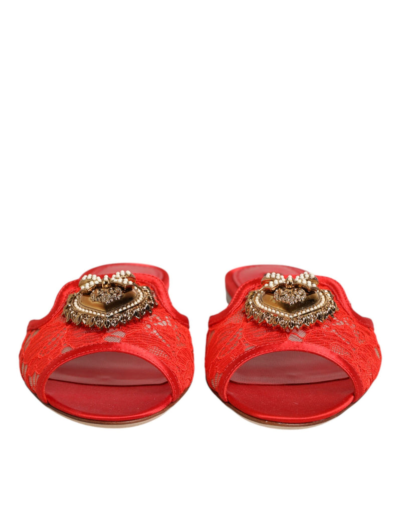 Dolce & Gabbana Red Devotion Lace Flats Slip On Sandals