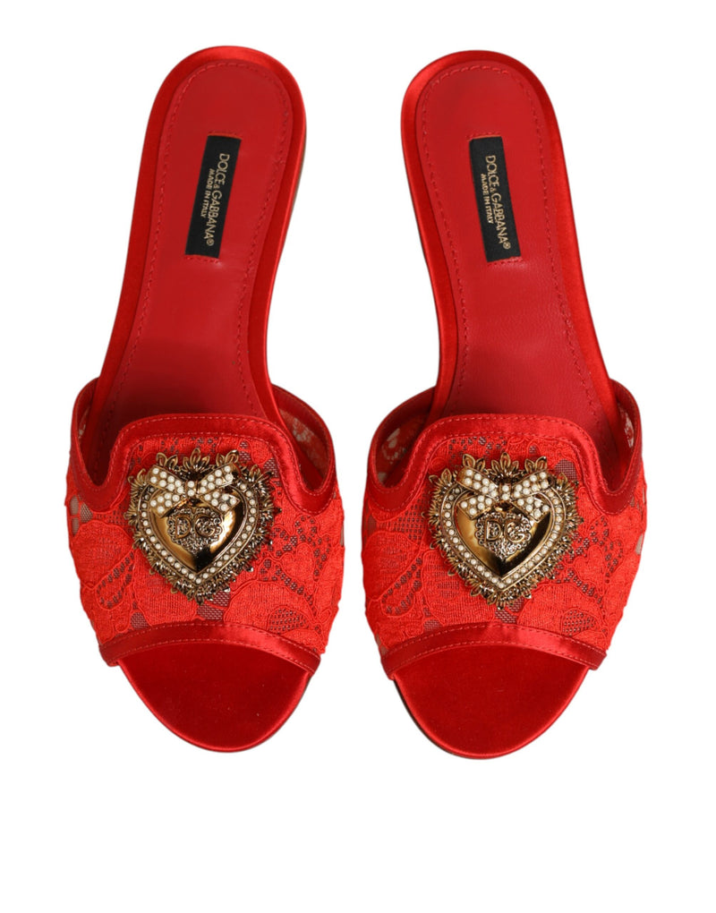 Dolce & Gabbana Red Devotion Lace Flats Slip On Sandals