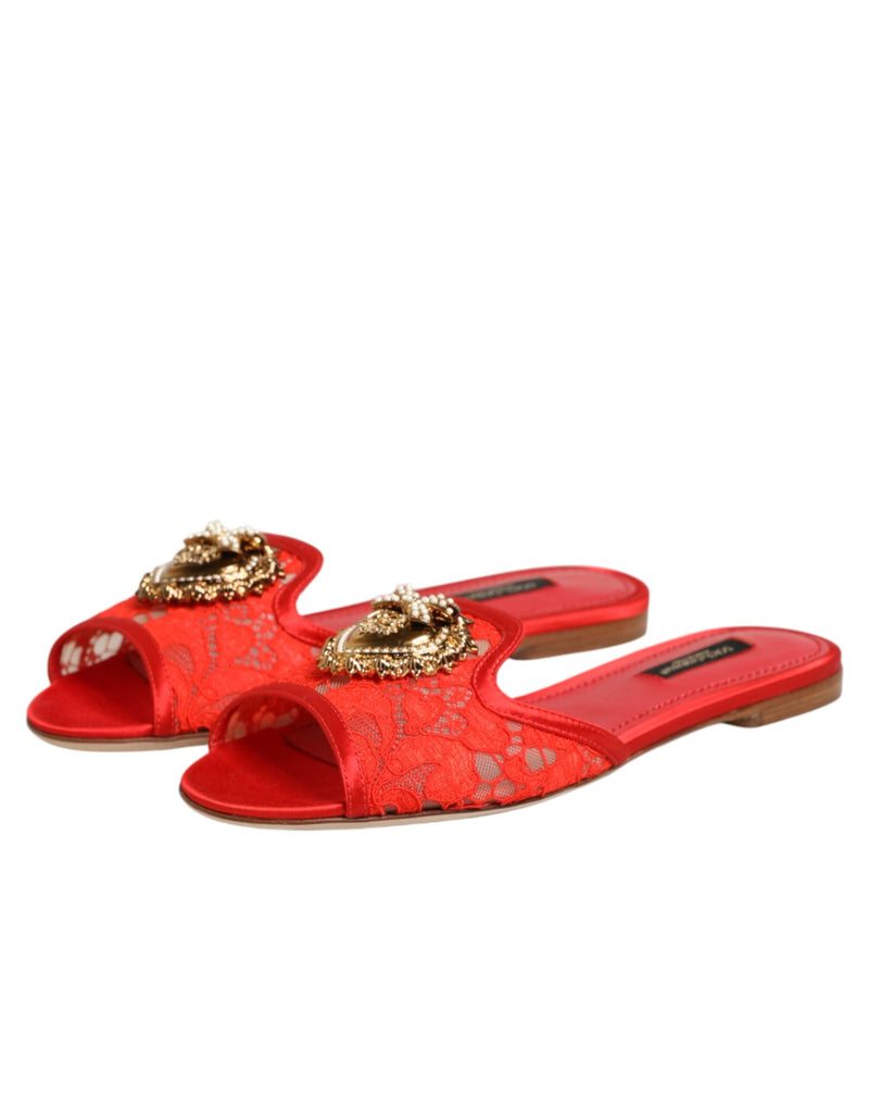 Dolce & Gabbana Red Devotion Lace Flats Slip On Sandals