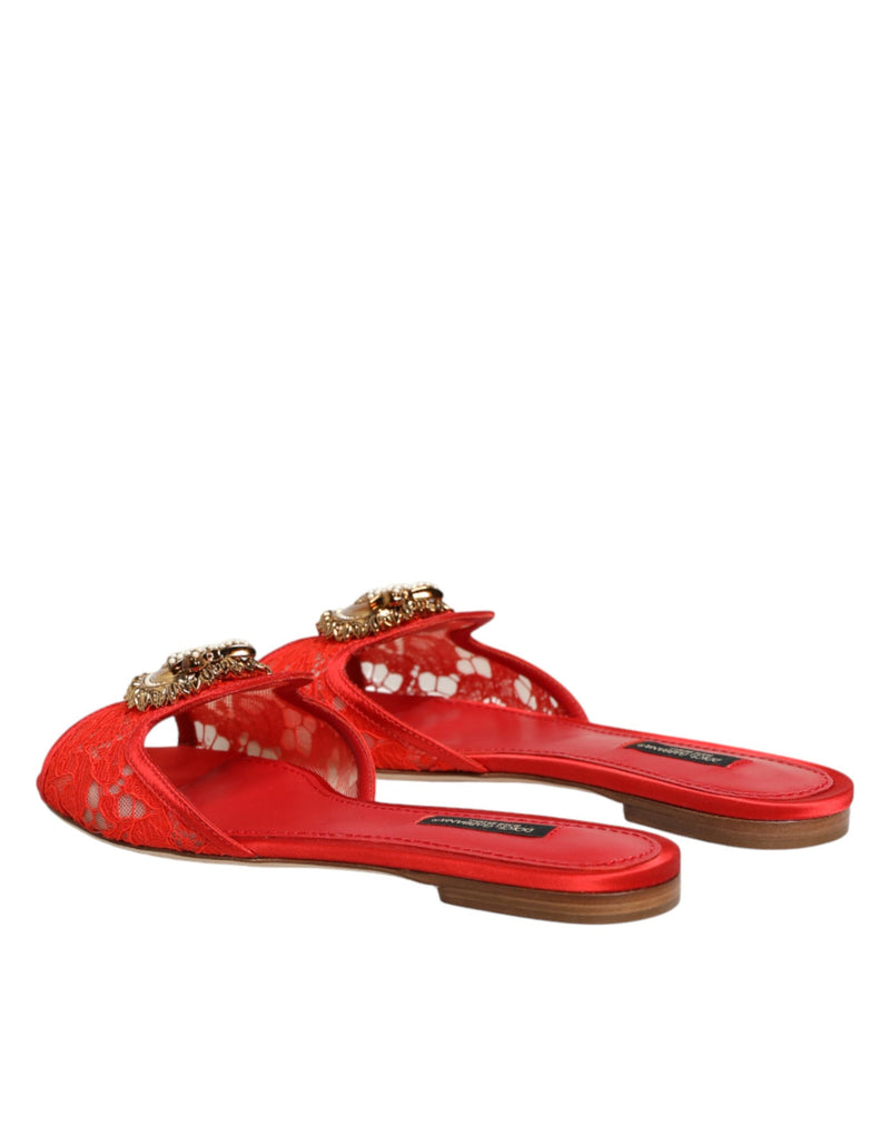 Dolce & Gabbana Red Devotion Lace Flats Slip On Sandals