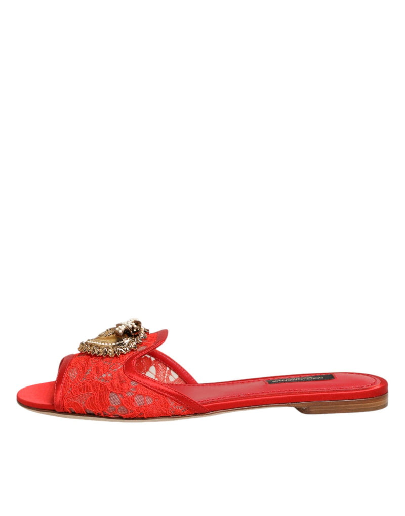 Dolce & Gabbana Red Devotion Lace Flats Slip On Sandals