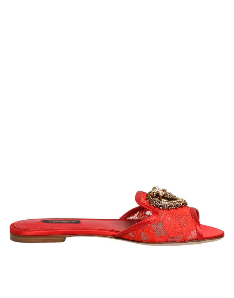 Dolce & Gabbana Red Devotion Lace Flats Slip On Sandals