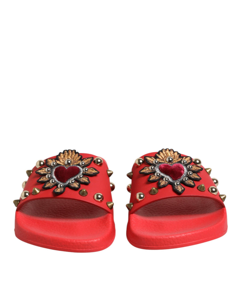 Dolce & Gabbana Red Sacred Heart Stud Slides - Beachwear Shoes