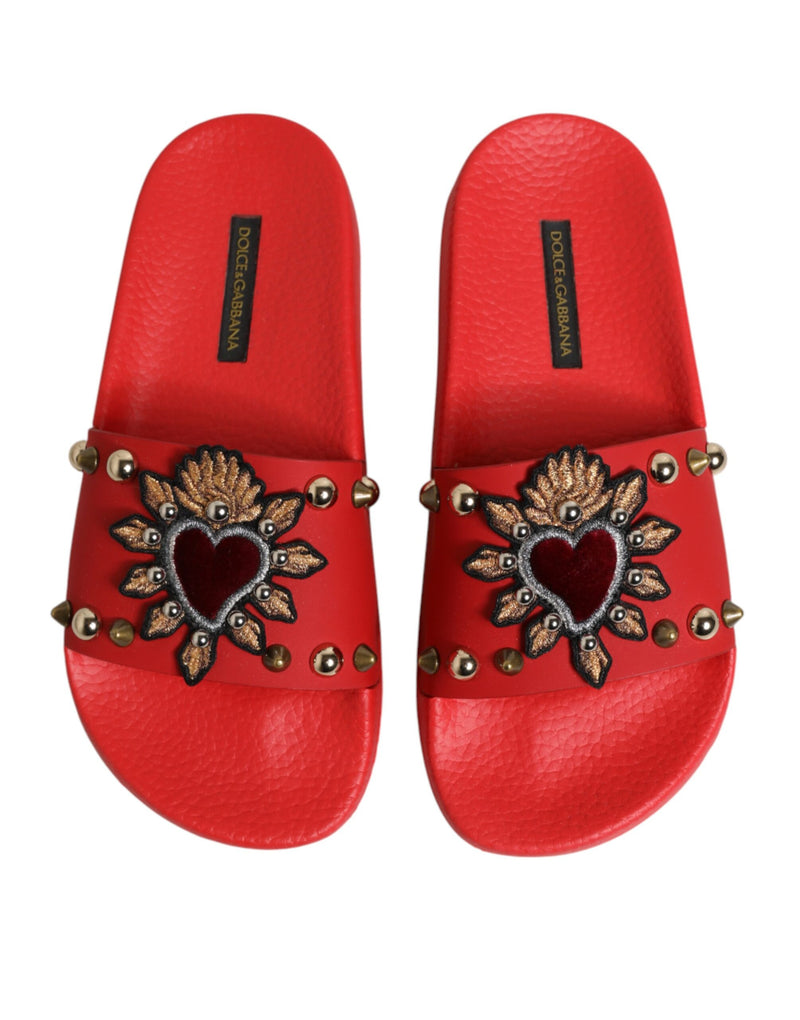 Dolce & Gabbana Red Sacred Heart Stud Slides - Beachwear Shoes