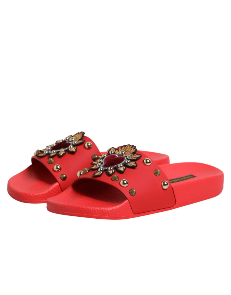 Dolce & Gabbana Red Sacred Heart Stud Slides - Beachwear Shoes