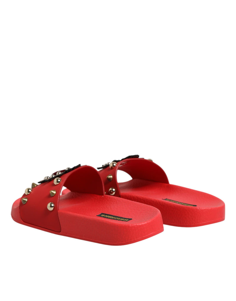 Dolce & Gabbana Red Sacred Heart Stud Slides - Beachwear Shoes