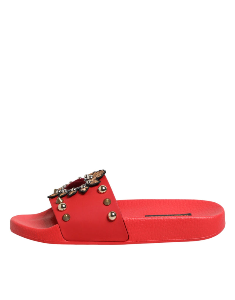 Dolce & Gabbana Red Sacred Heart Stud Slides - Beachwear Shoes