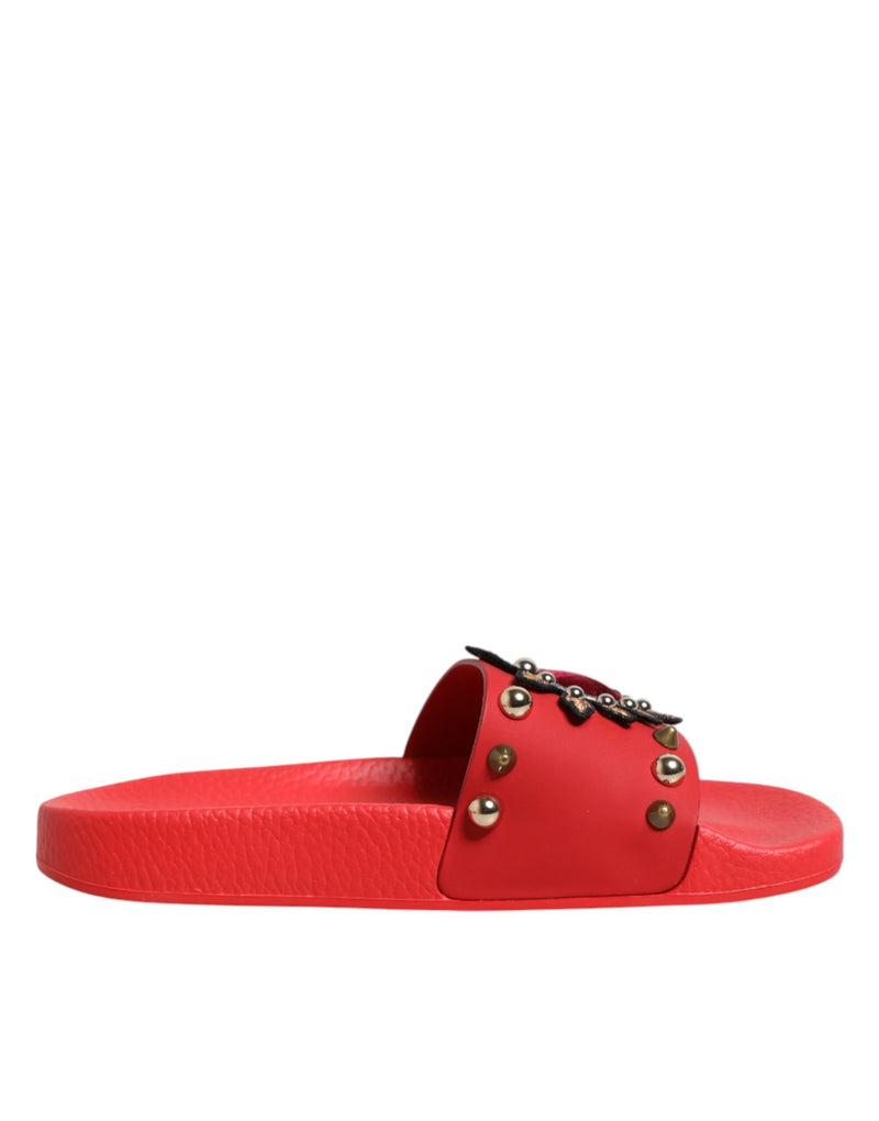 Dolce & Gabbana Red Sacred Heart Stud Slides - Beachwear Shoes