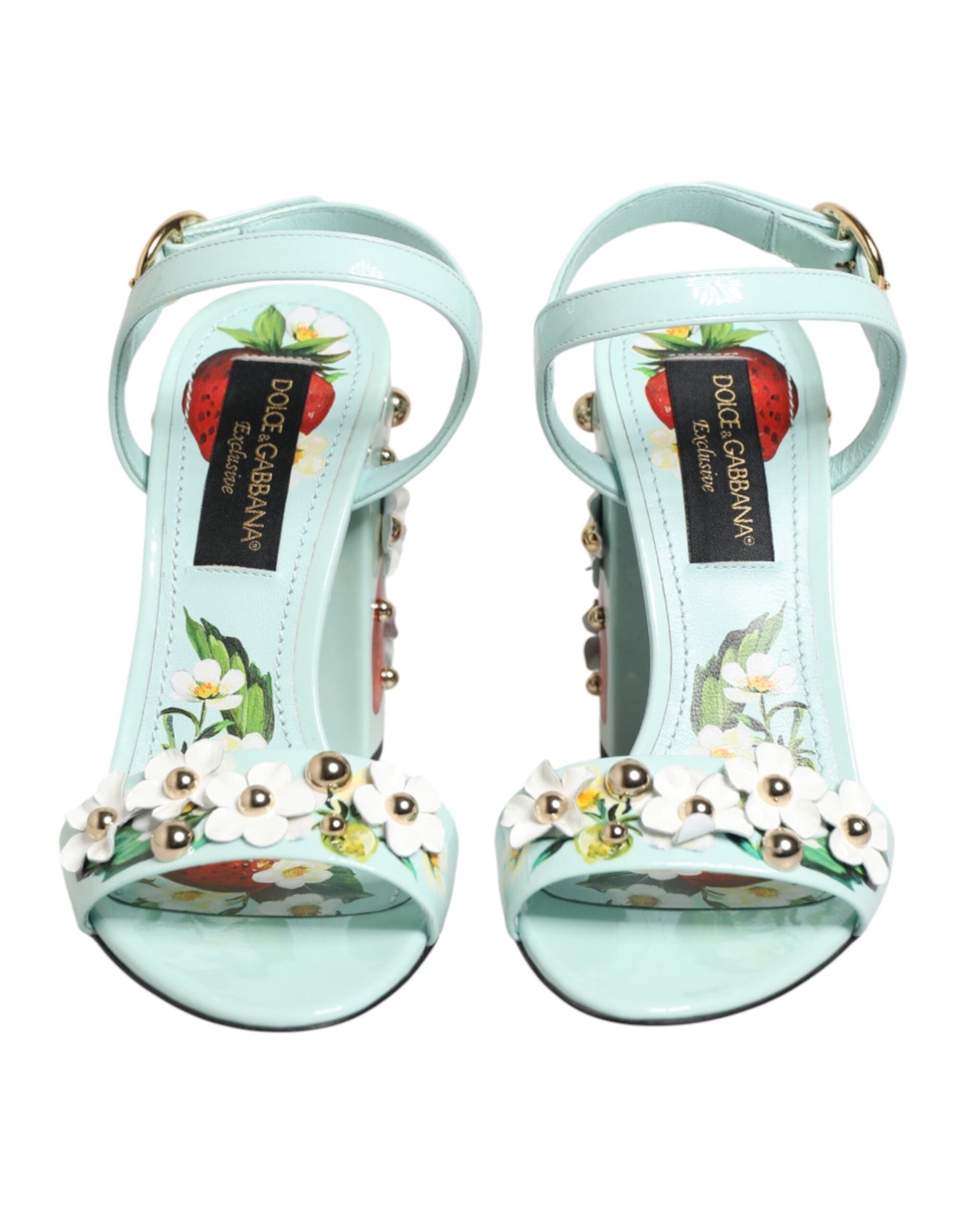 Dolce &amp; Gabbana mintgroene sandalen met bloemenprint en studs.