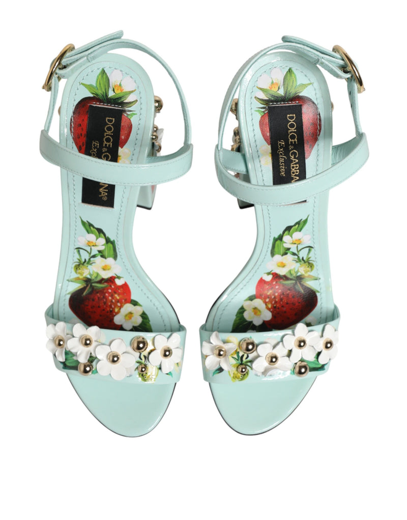 Dolce & Gabbana Mint Green Floral Studs Heels Sandals