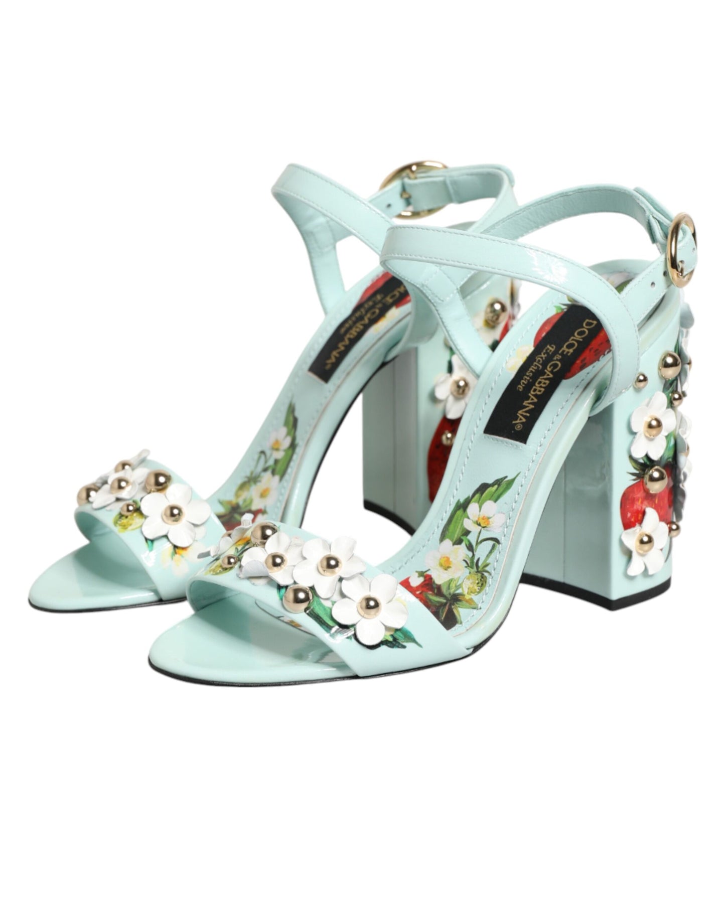 Dolce &amp; Gabbana mintgroene sandalen met bloemenprint en studs.