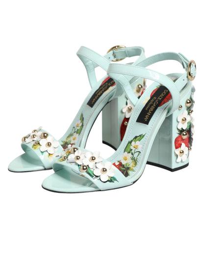 Dolce &amp; Gabbana mintgroene sandalen met bloemenprint en studs.