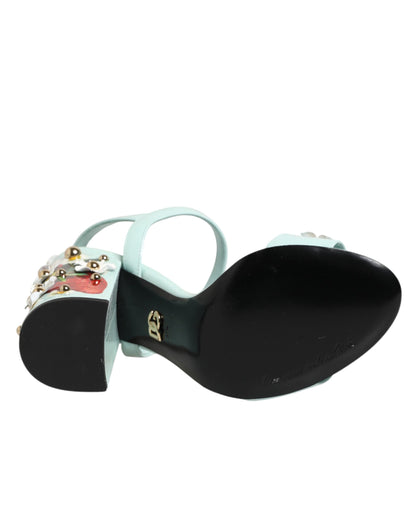 Dolce &amp; Gabbana mintgroene sandalen met bloemenprint en studs.