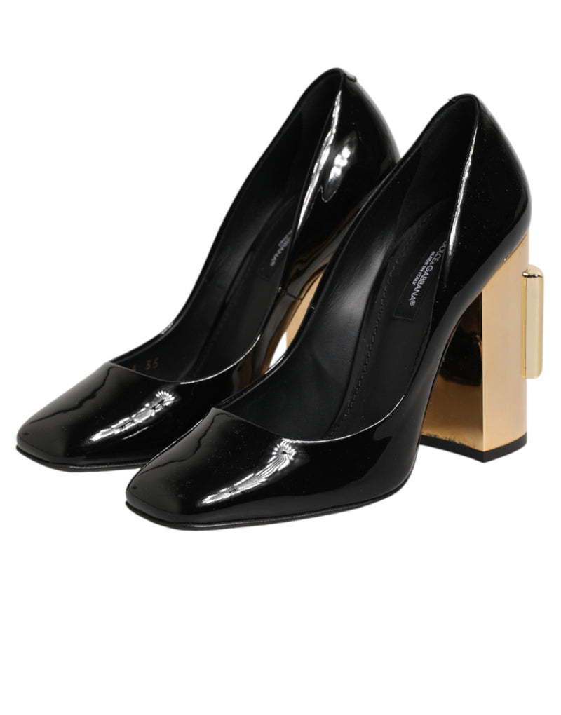Dolce & Gabbana Black Gold Patent Leather Logo Heels Pumps