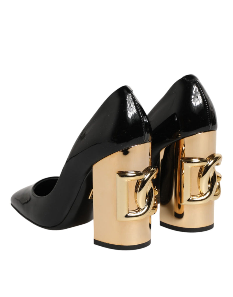 Dolce & Gabbana Black Gold Patent Leather Logo Heels Pumps