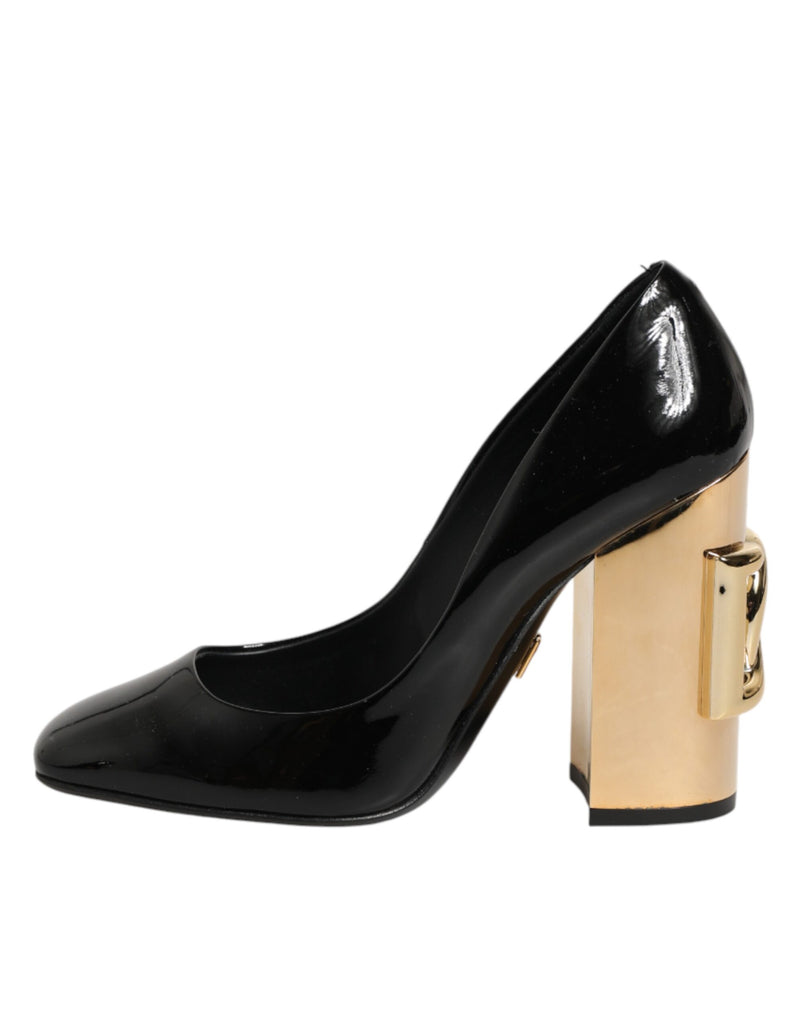 Dolce & Gabbana Black Gold Patent Leather Logo Heels Pumps
