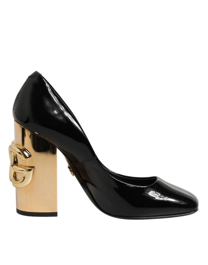 Dolce & Gabbana Black Gold Patent Leather Logo Heels Pumps