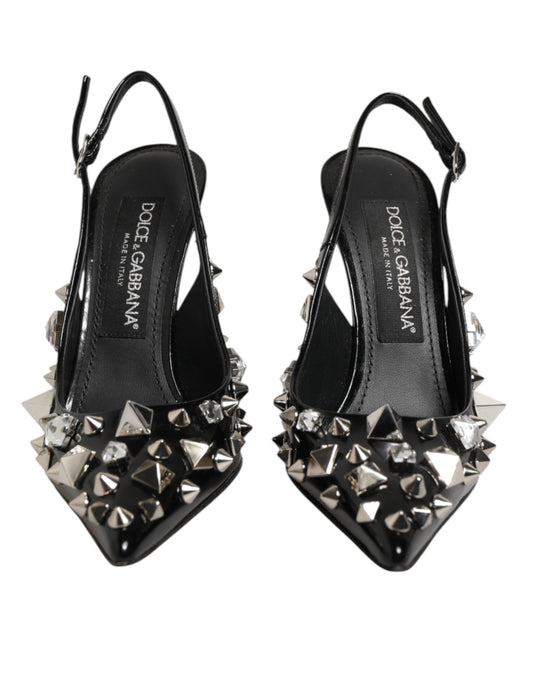Dolce & Gabbana Black Studded Leather Heels Slingbacks