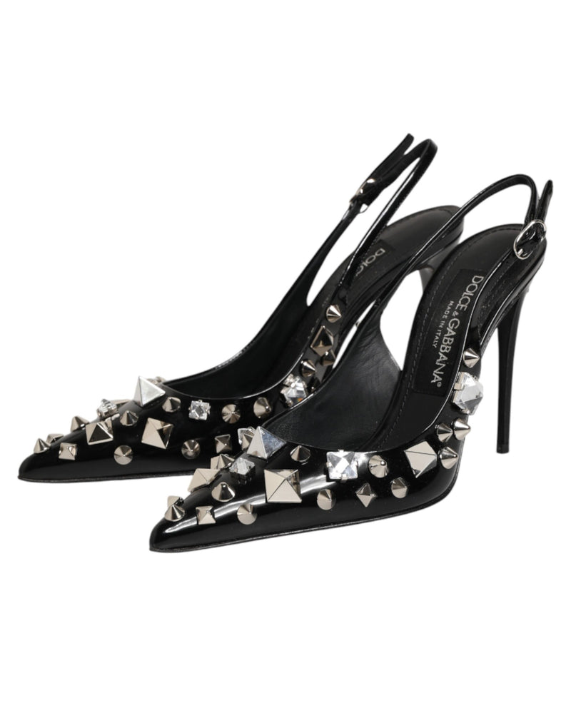 Dolce & Gabbana Black Studded Leather Heels Slingbacks