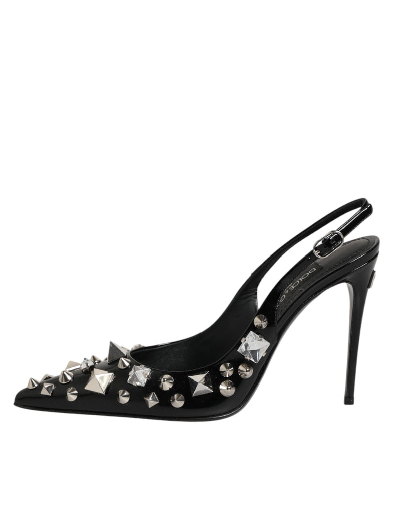 Dolce & Gabbana Black Studded Leather Heels Slingbacks