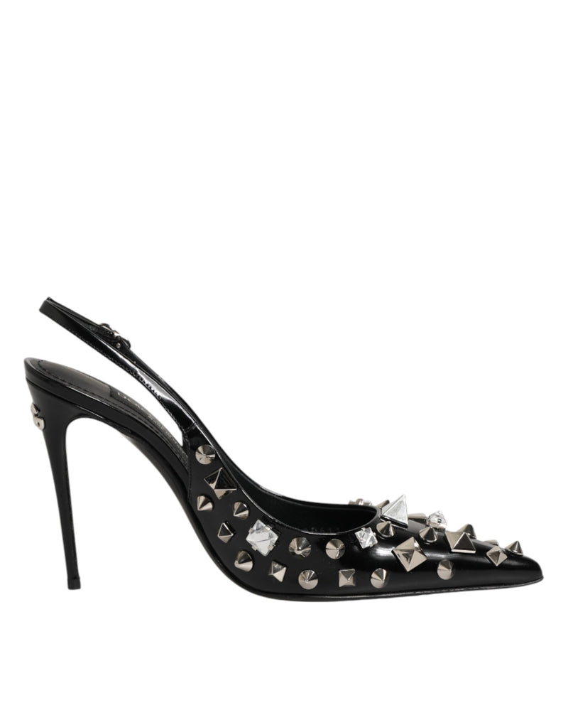 Dolce & Gabbana Black Studded Leather Heels Slingbacks