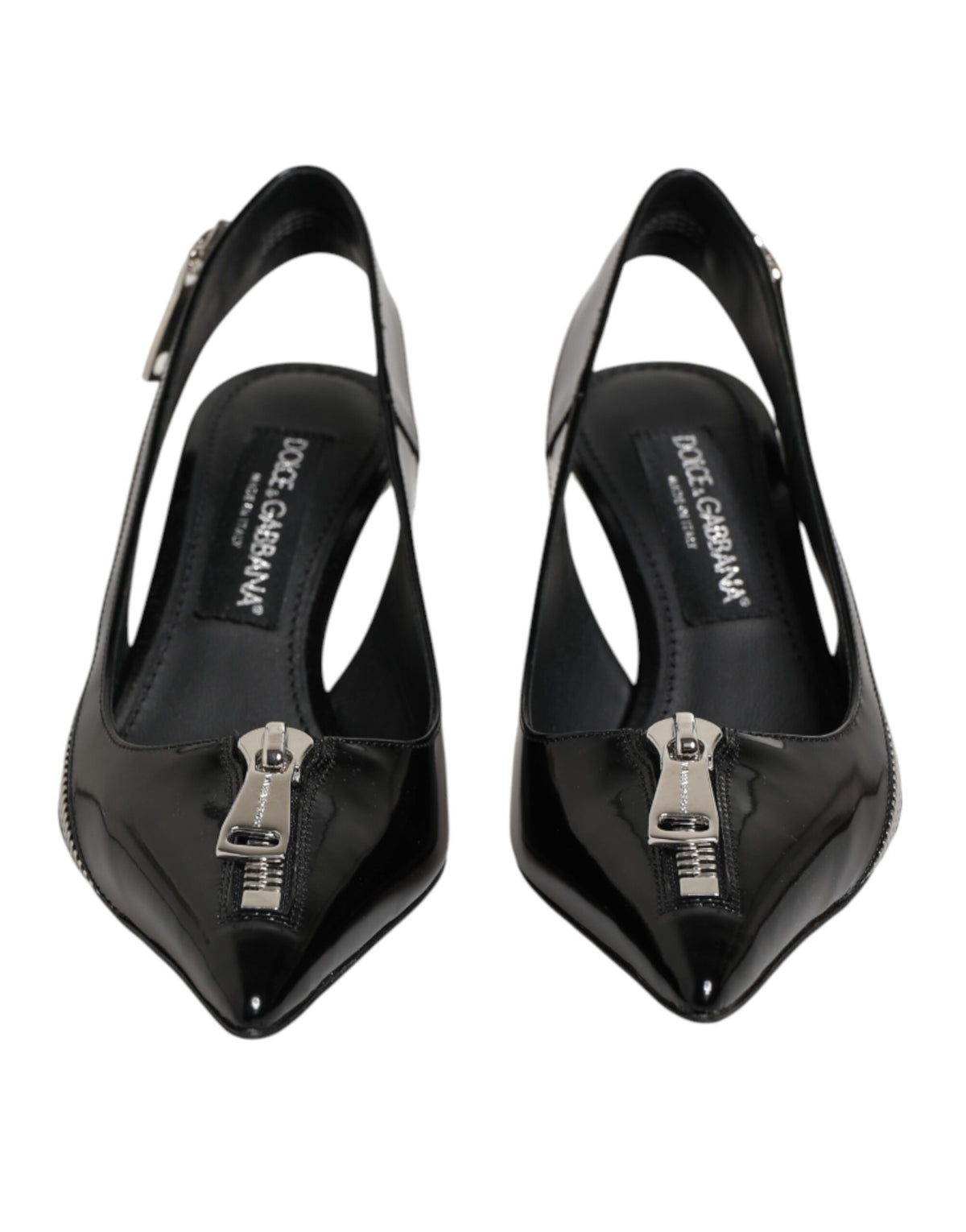 Dolce & Gabbana Black Zipper Leather Heels Slingbacks