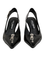 Dolce & Gabbana Black Zipper Leather Heels Slingbacks