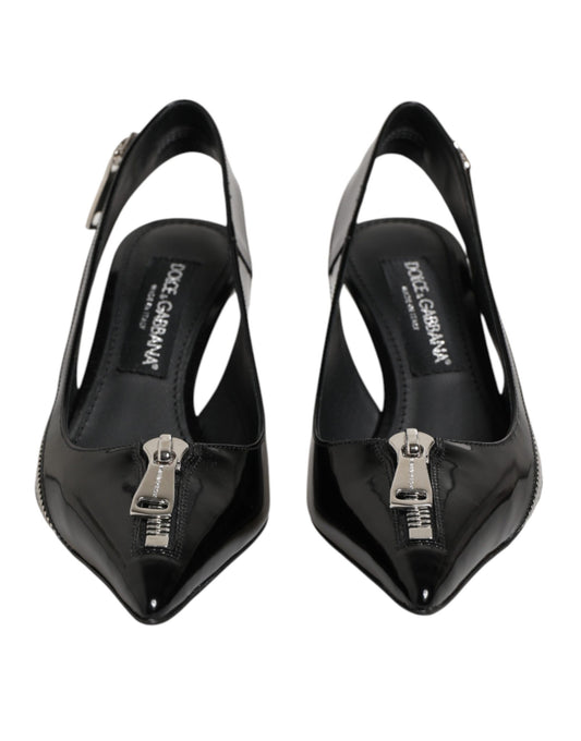 Dolce & Gabbana Black Zipper Leather Heels Slingbacks