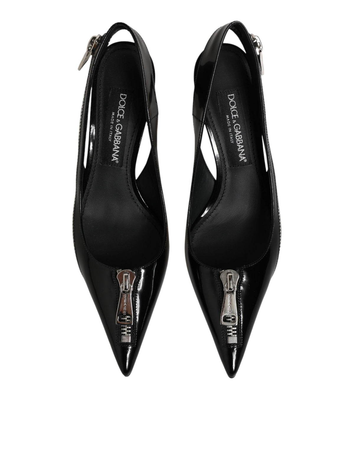 Dolce & Gabbana Black Zipper Leather Heels Slingbacks