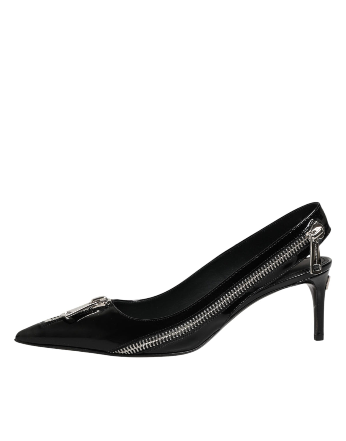Dolce & Gabbana Black Zipper Leather Heels Slingbacks
