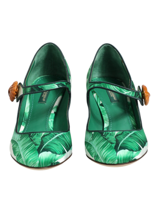 Dolce & Gabbana Green Silk Mary Janes Leaf Sandals Shoes
