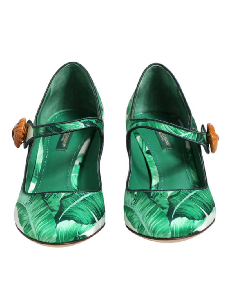 Dolce & Gabbana Green Silk Mary Janes Leaf Sandals Shoes