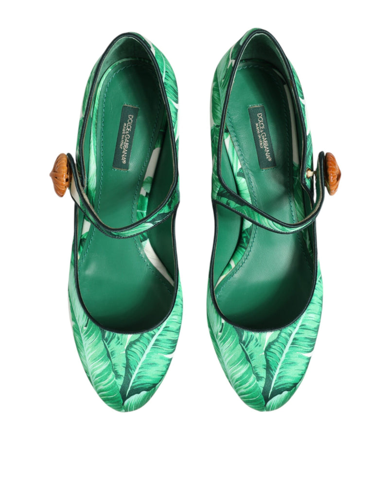 Dolce & Gabbana Green Silk Mary Janes Leaf Sandals Shoes