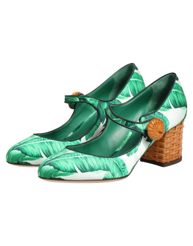 Dolce & Gabbana Green Silk Mary Janes Leaf Sandals Shoes