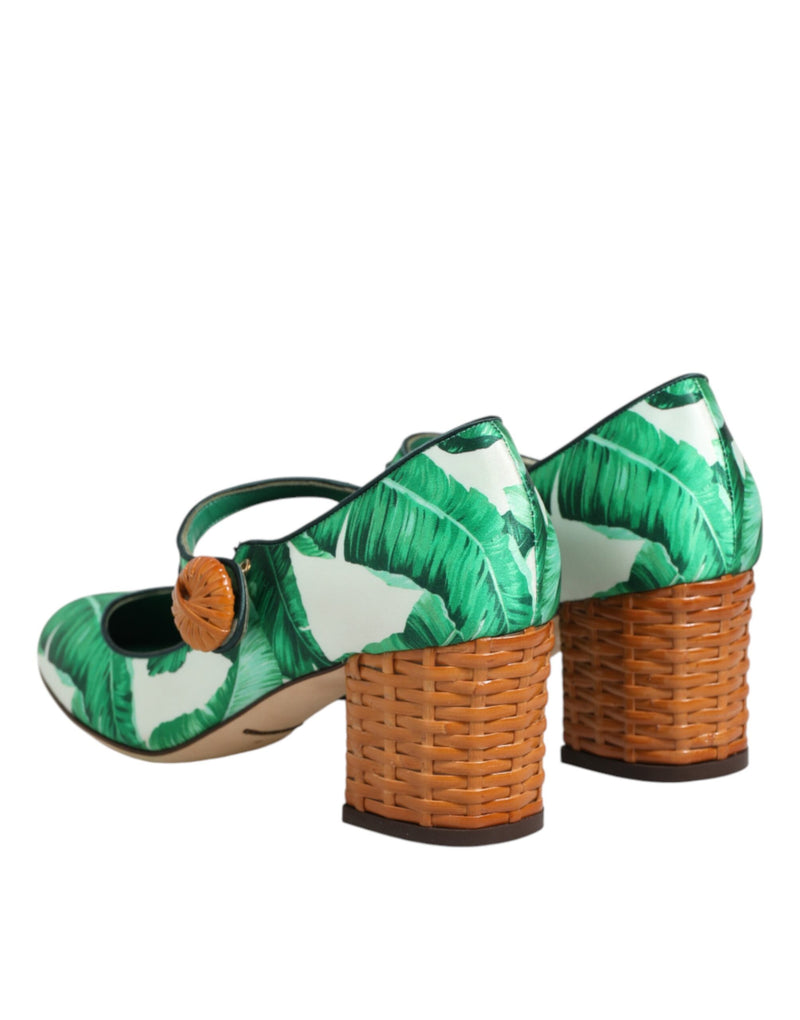 Dolce & Gabbana Green Silk Mary Janes Leaf Sandals Shoes