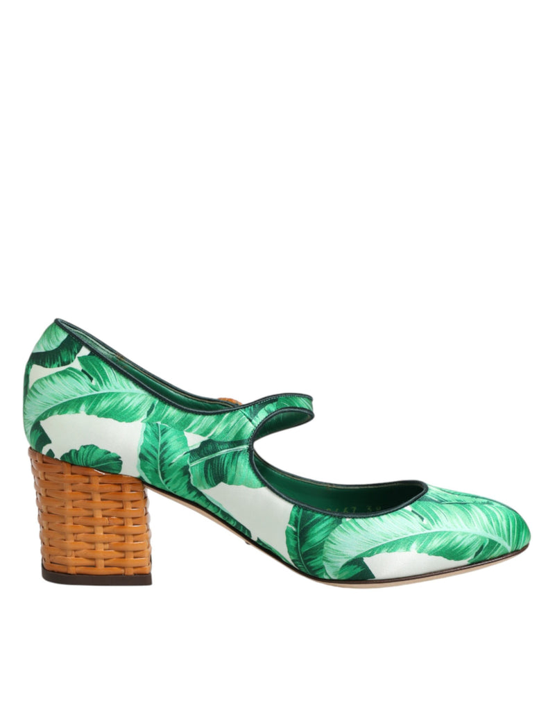 Dolce & Gabbana Green Silk Mary Janes Leaf Sandals Shoes