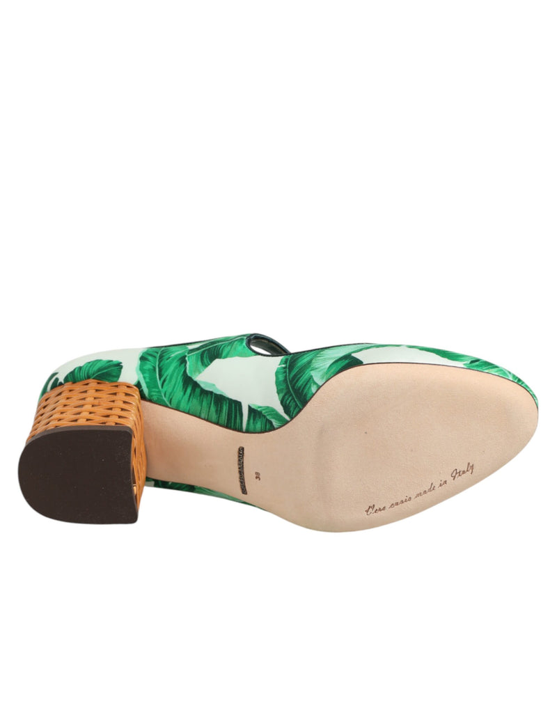 Dolce & Gabbana Green Silk Mary Janes Leaf Sandals Shoes