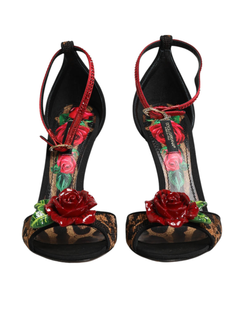 Dolce & Gabbana Sandales en cuir marron léopard avec roses en cristal