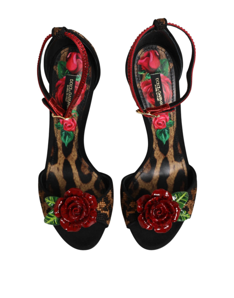 Dolce & Gabbana Sandales en cuir marron léopard avec roses en cristal