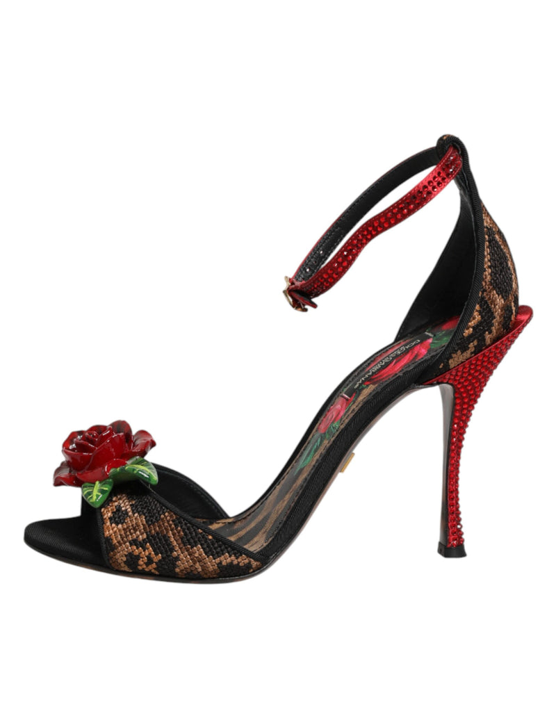 Dolce & Gabbana Sandales en cuir marron léopard avec roses en cristal