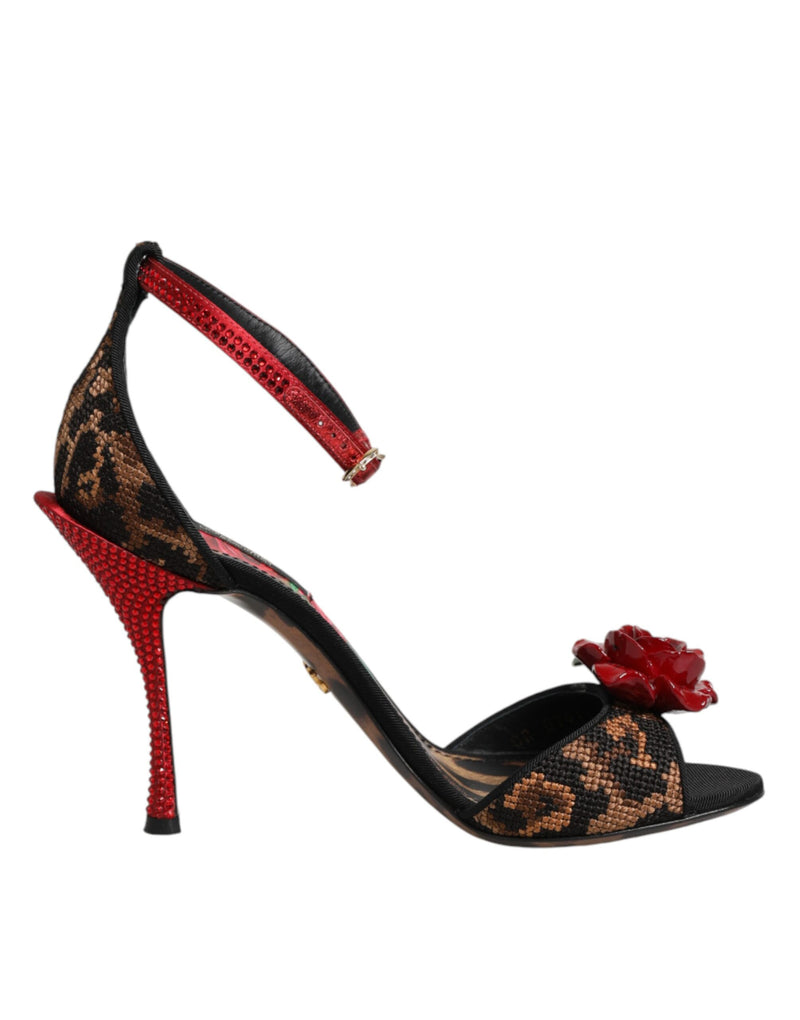 Dolce & Gabbana Sandales en cuir marron léopard avec roses en cristal