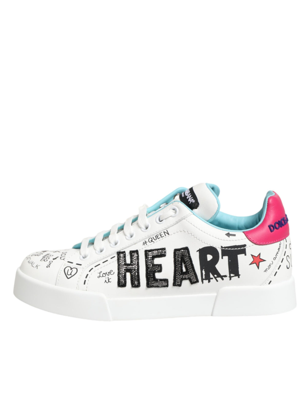 Dolce & Gabbana White Leather Graffiti Low Top Sneakers