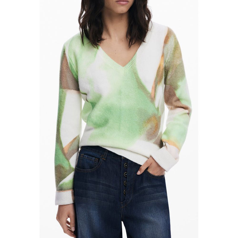 Desigual Green Elastane Sweater - Oulu Jersey V-Neck