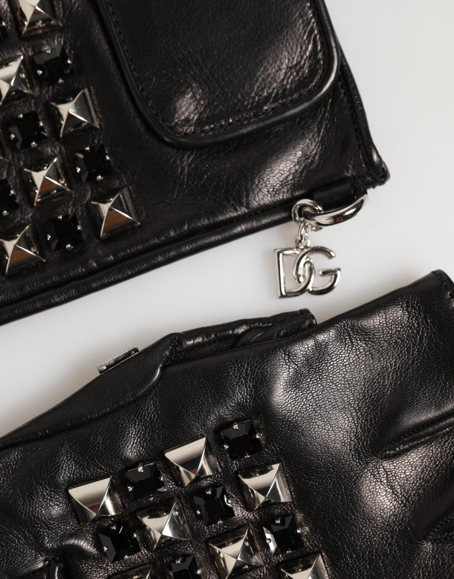 Dolce &amp; Gabbana Zwarte leren handschoenen met studs en vingerloze handschoenen voor heren