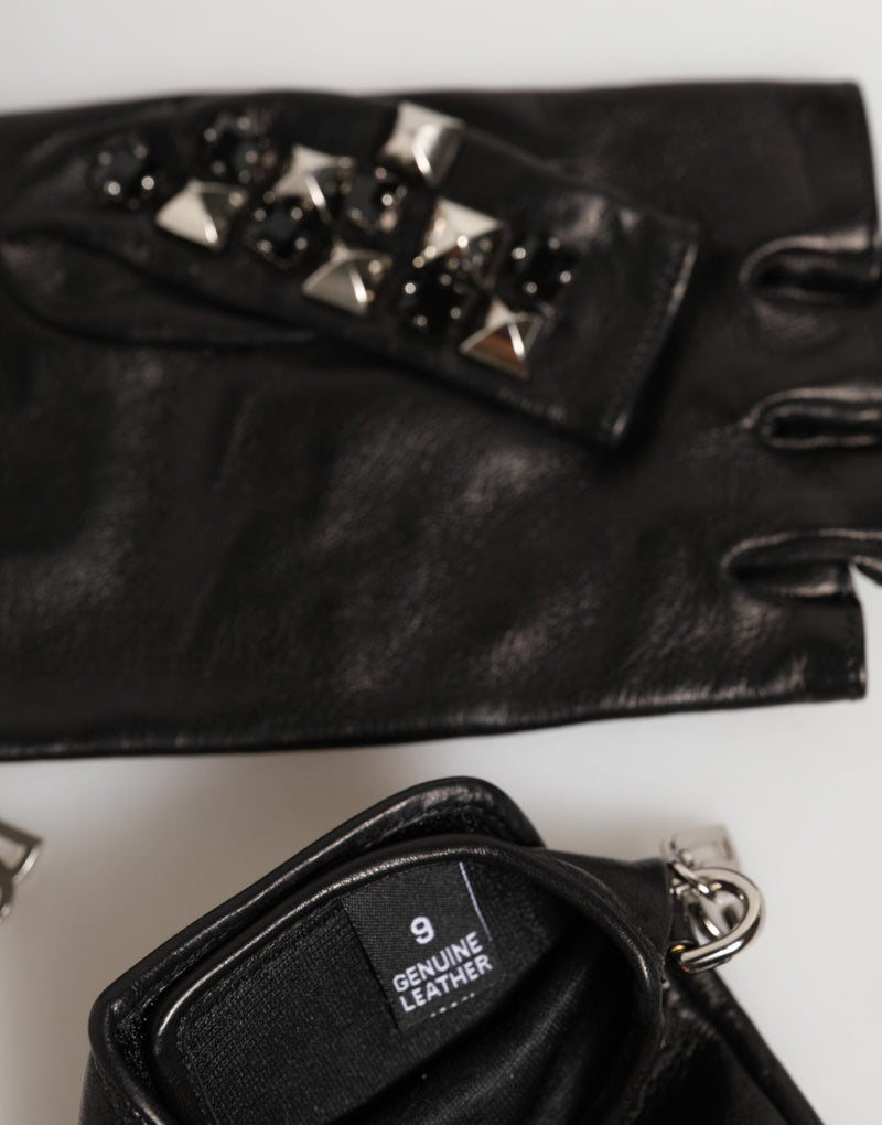 Gants Dolce &amp; Gabbana en cuir noir clouté sans doigts