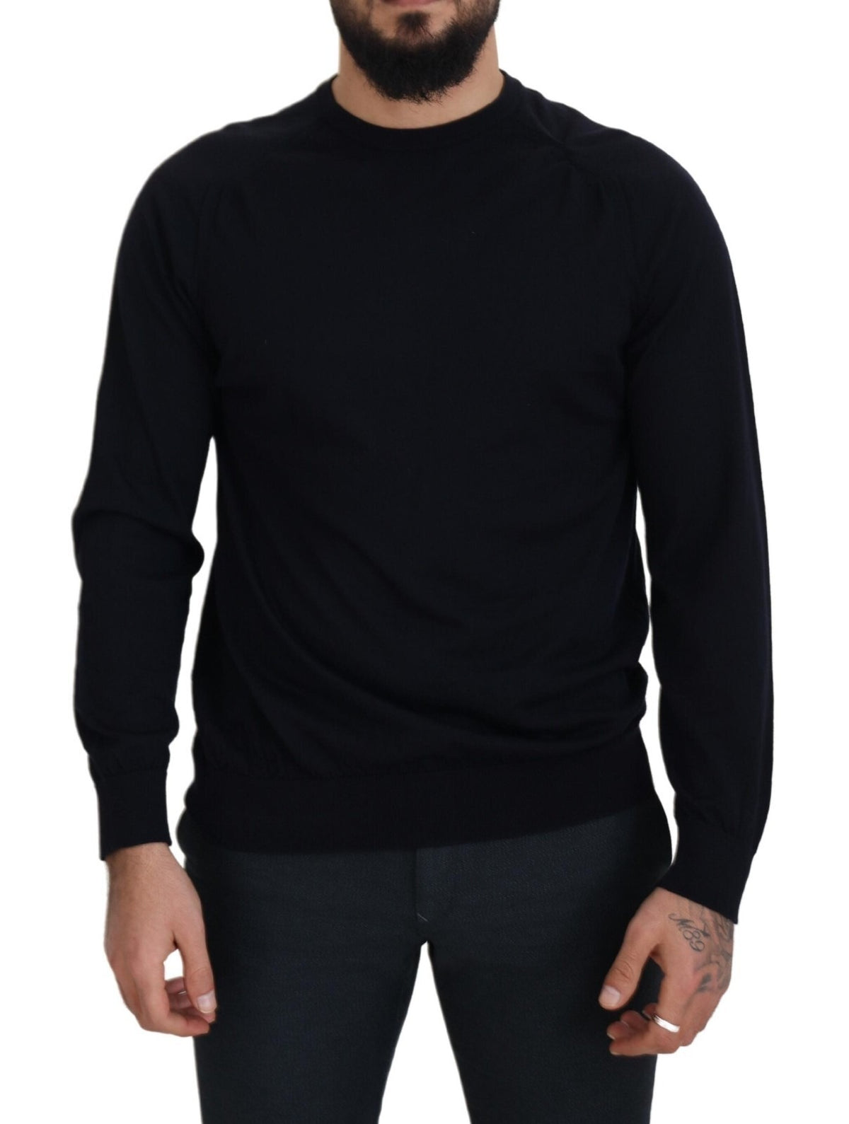 Alpha Studio Black Wool Crewneck Pullover Sweatshirt