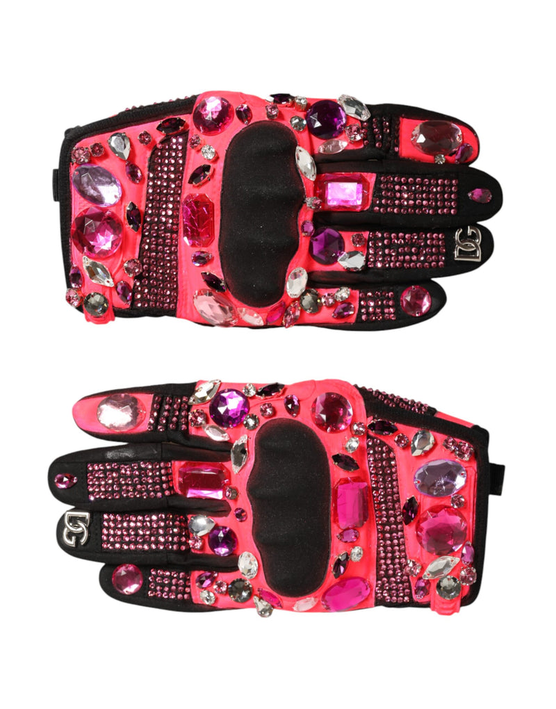 Dolce & Gabbana Gants Mitaines Noirs et Roses en Cristal