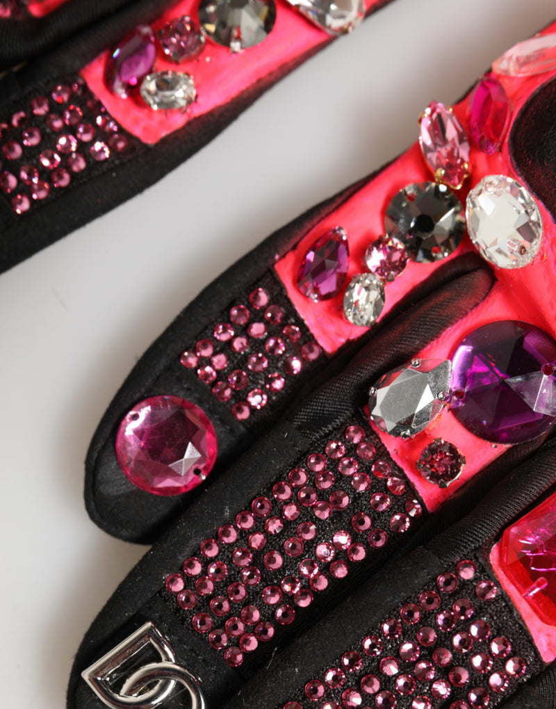 Dolce & Gabbana Gants Mitaines Noirs et Roses en Cristal